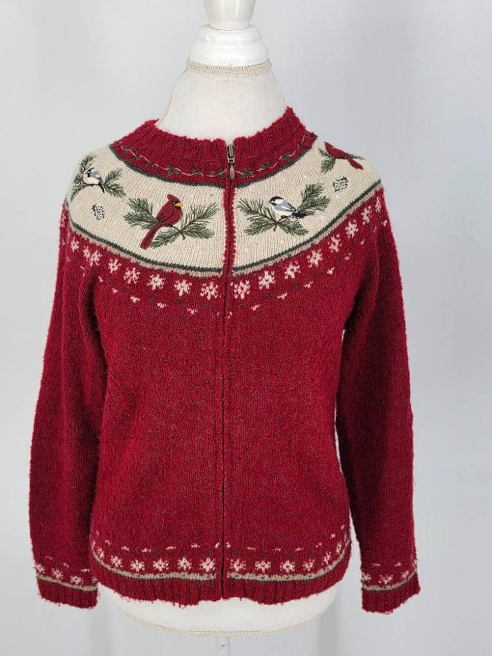 Croft Barrow Womens M Red Cardinal Bird Embroidered Zip Sweater Grannycore